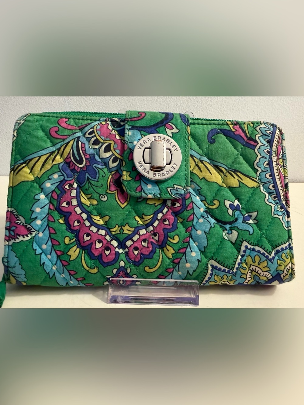 Vera Bradley turn lock wallet in Emerald Paisley Pattern.